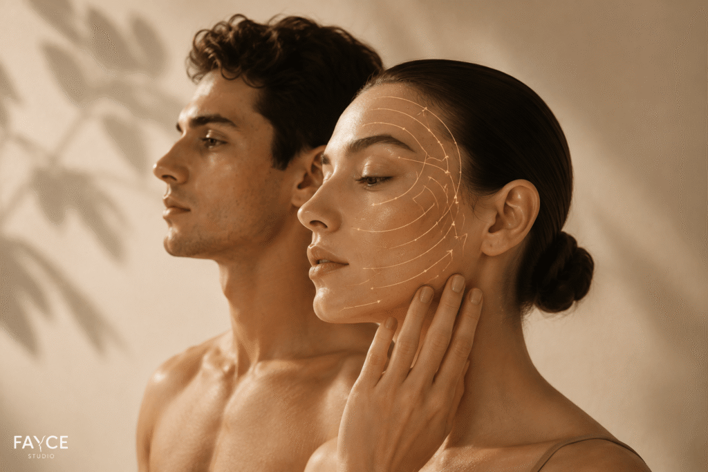 Face fitness procedúra s uvoľnenou tvárou a jemným dotykom v salonnom prostredí.