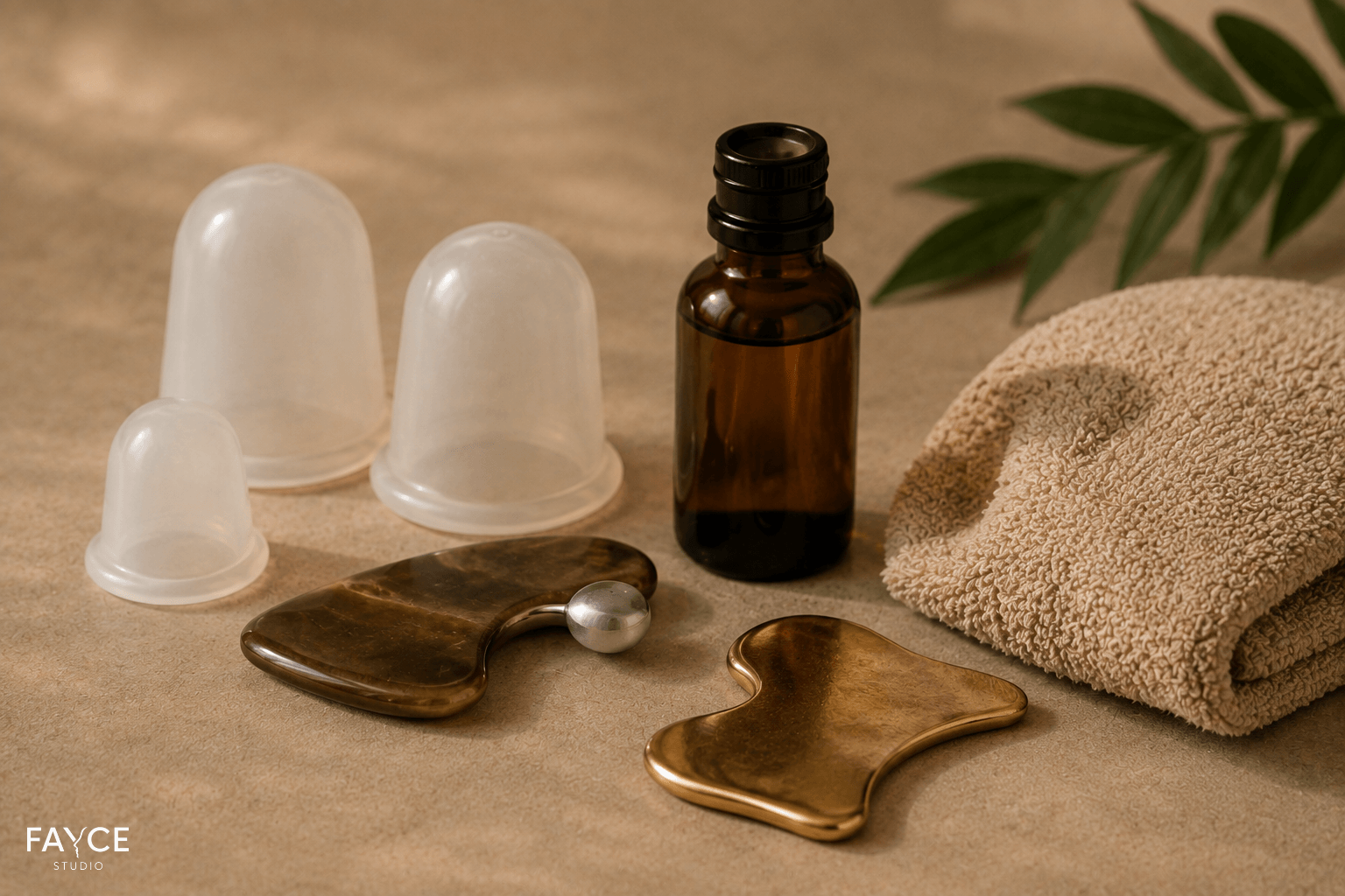 Detox tréning tváre s face cuppingom, lymfatickými bankami, gua sha, sérom a uterákom.